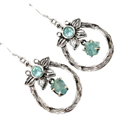 Natural Aquamarine Topaz Rough Sterling Silver Dangle Earrings J15761