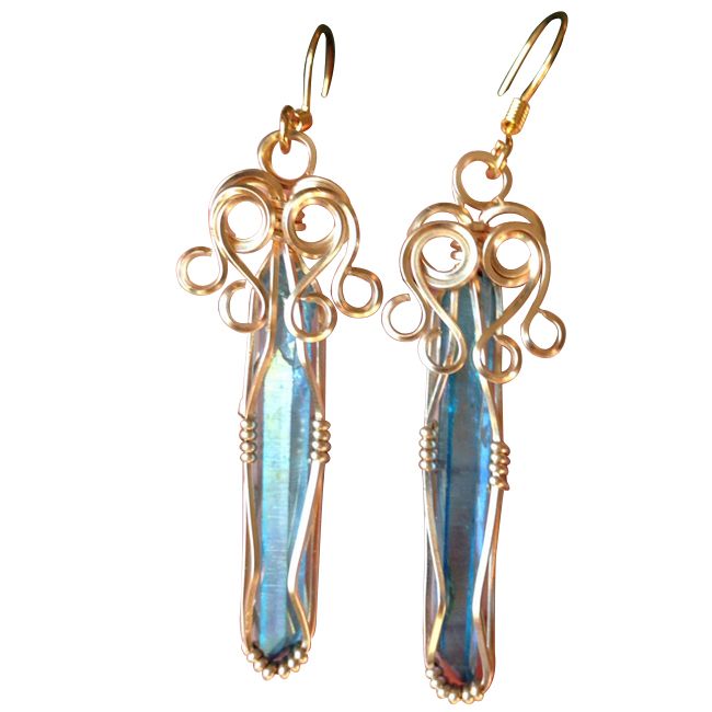 aqua aura quartz crystal earrings