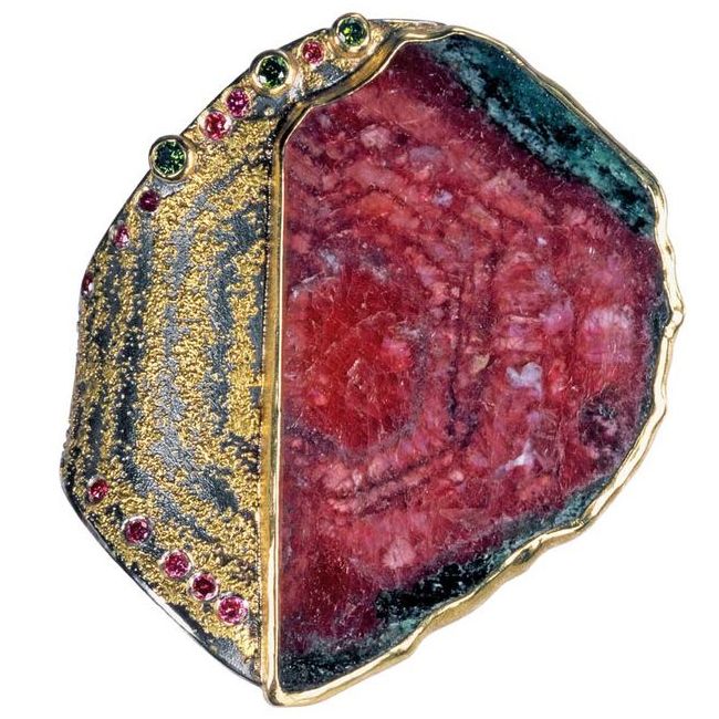 Atelier Zobel Ruby Ring in Gold and Silver with Green and Pink Diamonds