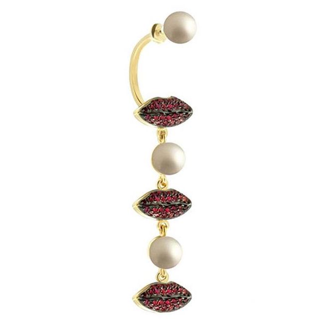 delfina delettrez lips on me single earring in yellow gold with pearls and rubies