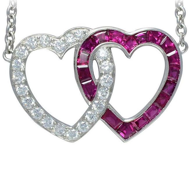 double heart ruby and diamond pendant
