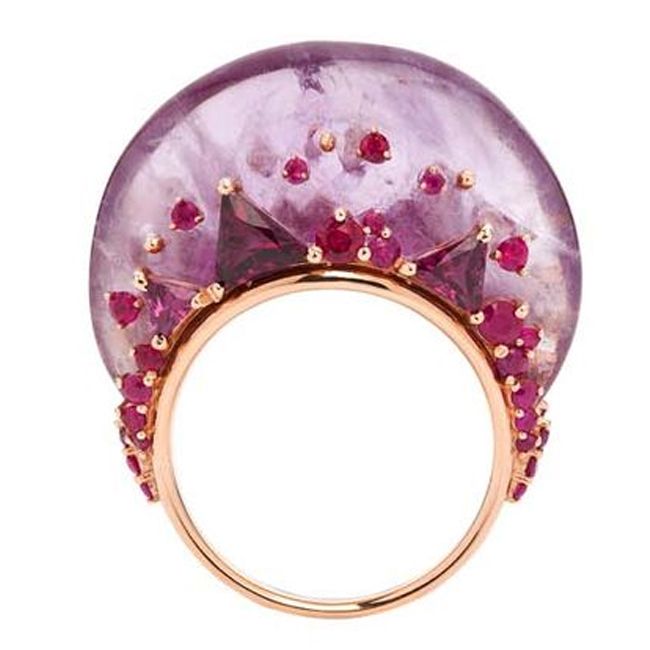 Fernando Jorge Fusion Tall Ring in Rose Gold with Rubies Rhodolites and Amethyst