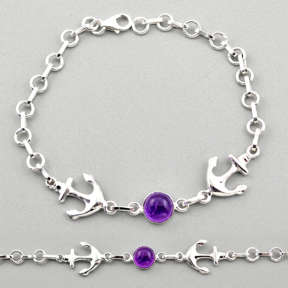 anchor charm natural purple amethyst 925 sterling silver bracelet