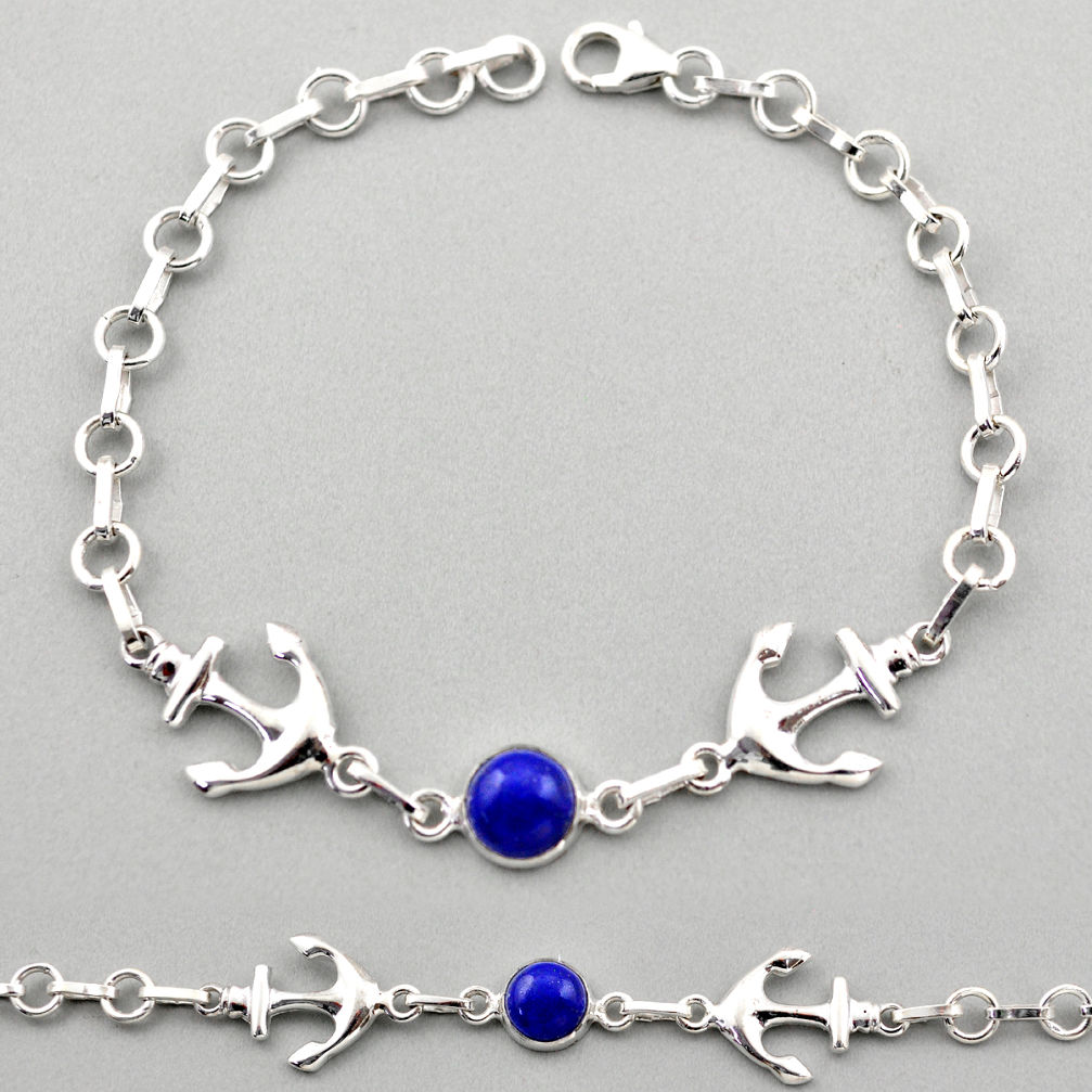 anchor charm natural blue lapis lazuli round 925 silver bracelet
