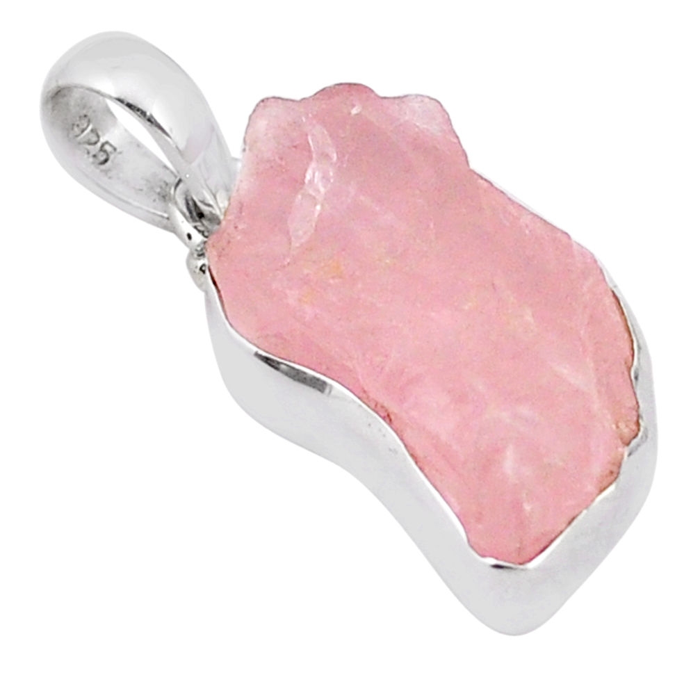 natural pink rose quartz rough 925 sterling silver pendant