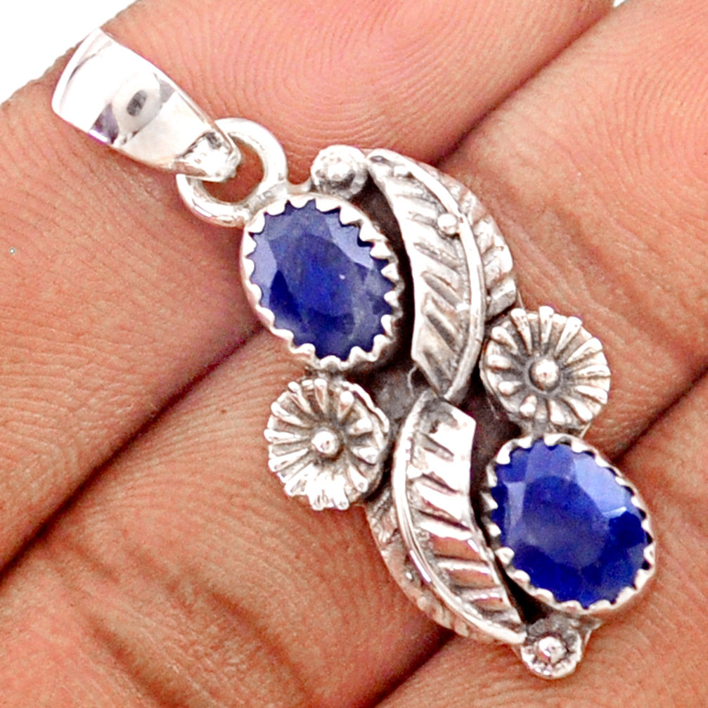 natural blue sapphire oval 925 sterling silver flower pendant