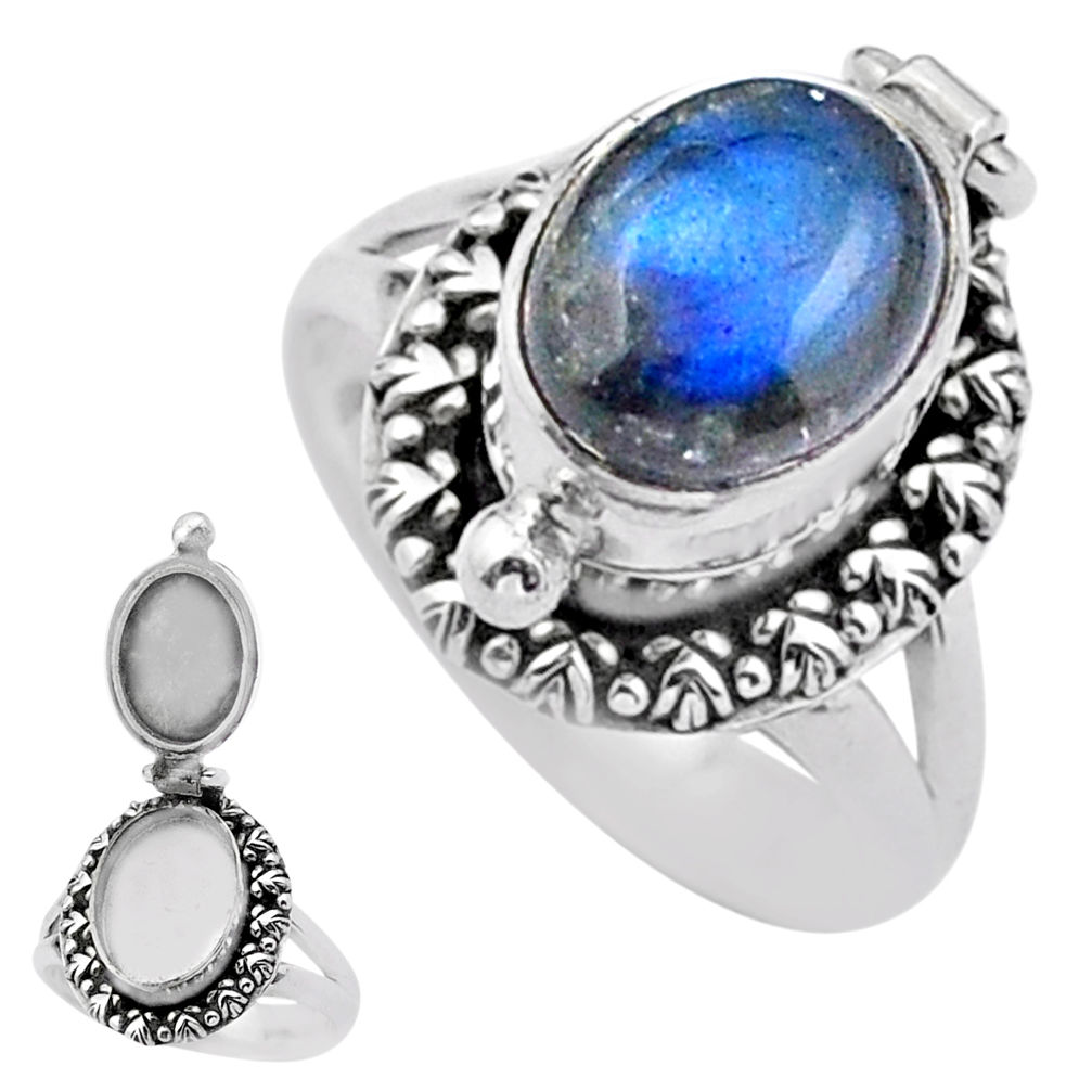 natural blue labradorite oval 925 silver poison box ring