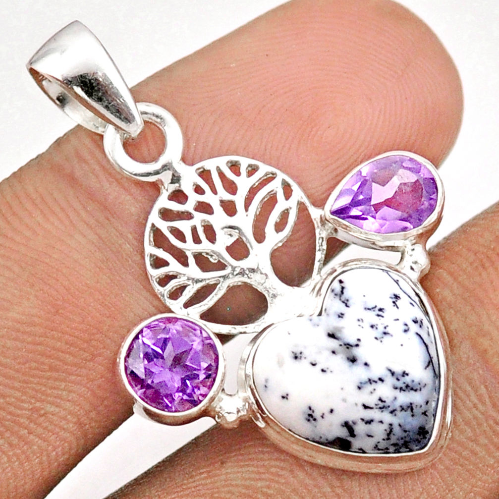 natural white dendrite opal amethyst silver tree of life pendant