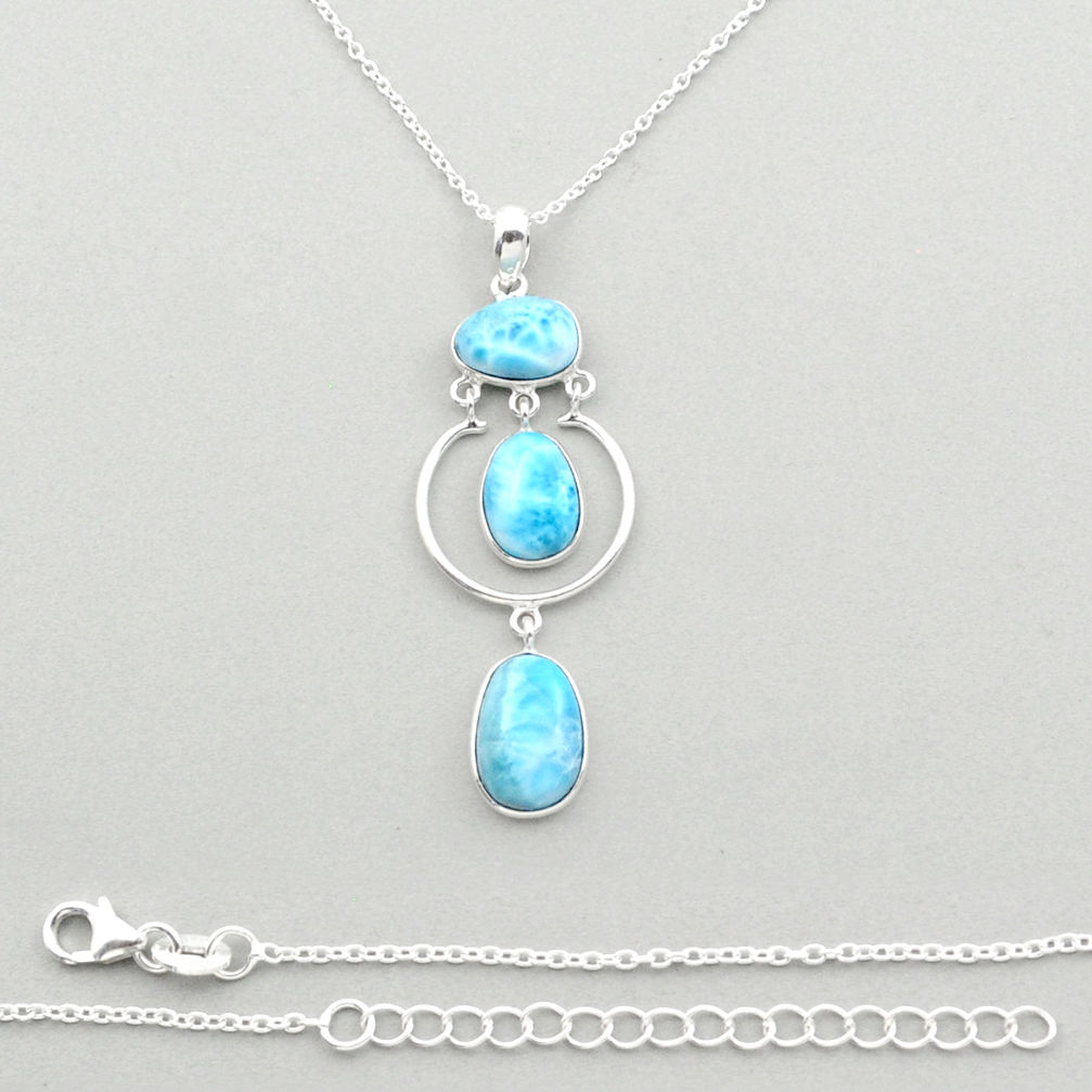 3 stone natural blue larimar oval 925 sterling silver necklace