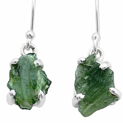 natural green moldavite (genuine czech) silver dangle earrings