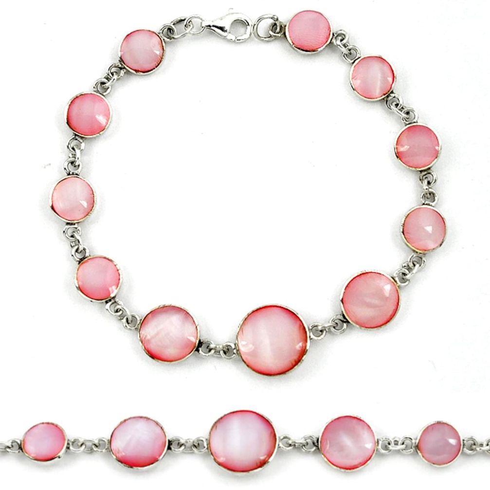 Pink blister pearl enamel 925 sterling silver tennis bracelet jewelry a39548