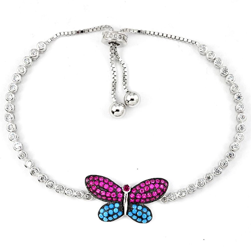 Blue turquoise topaz butterfly 925 silver adjustable tennis bracelet a42331