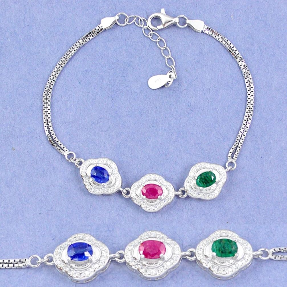 Natural blue sapphire emerald ruby 925 sterling silver tennis bracelet a46227
