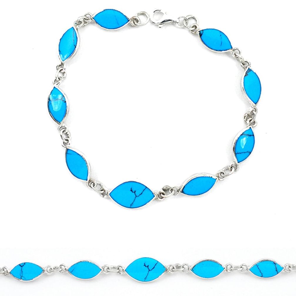 Fine blue turquoise enamel 925 sterling silver tennis bracelet jewelry a46599