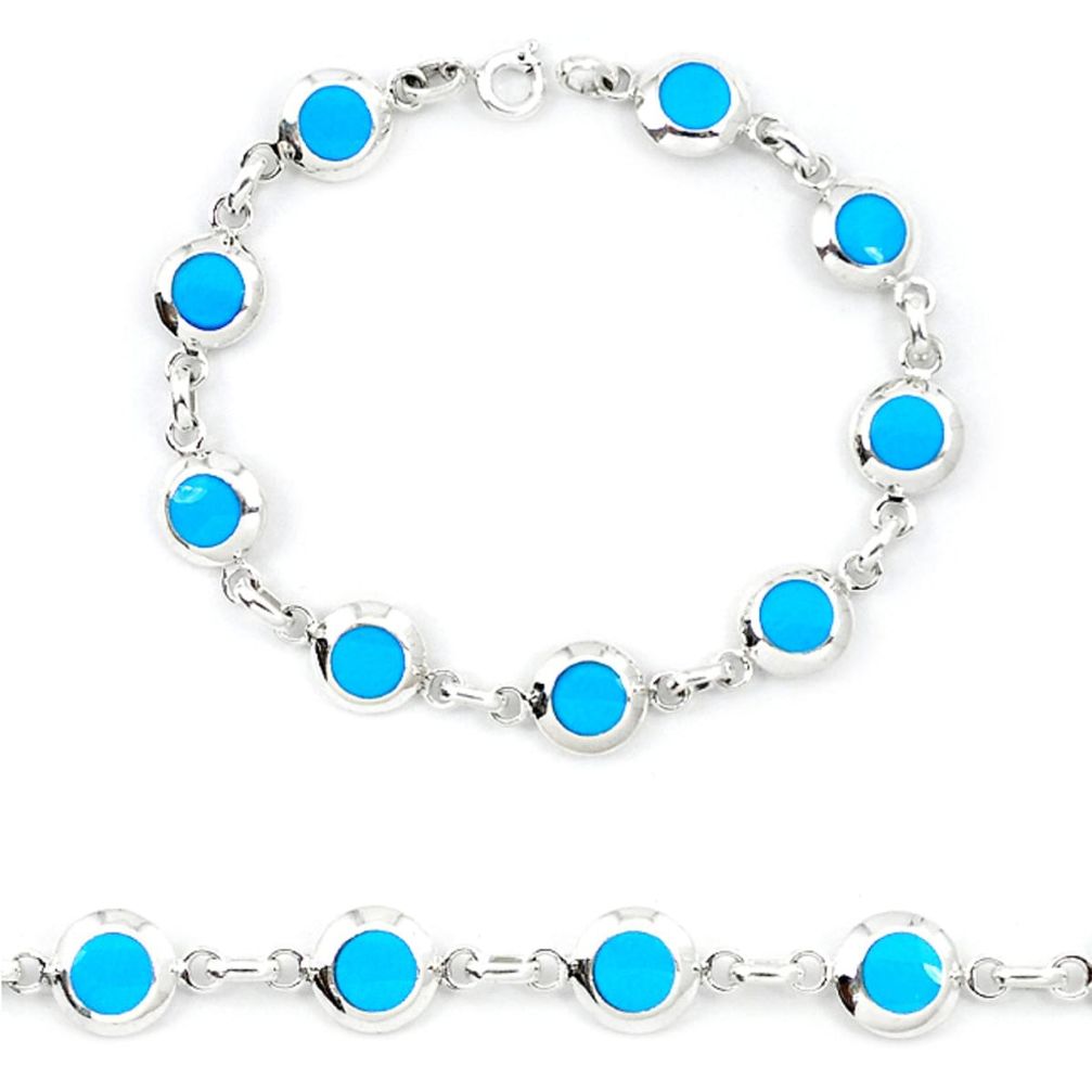 Fine blue turquoise enamel 925 sterling silver tennis bracelet jewelry a46606