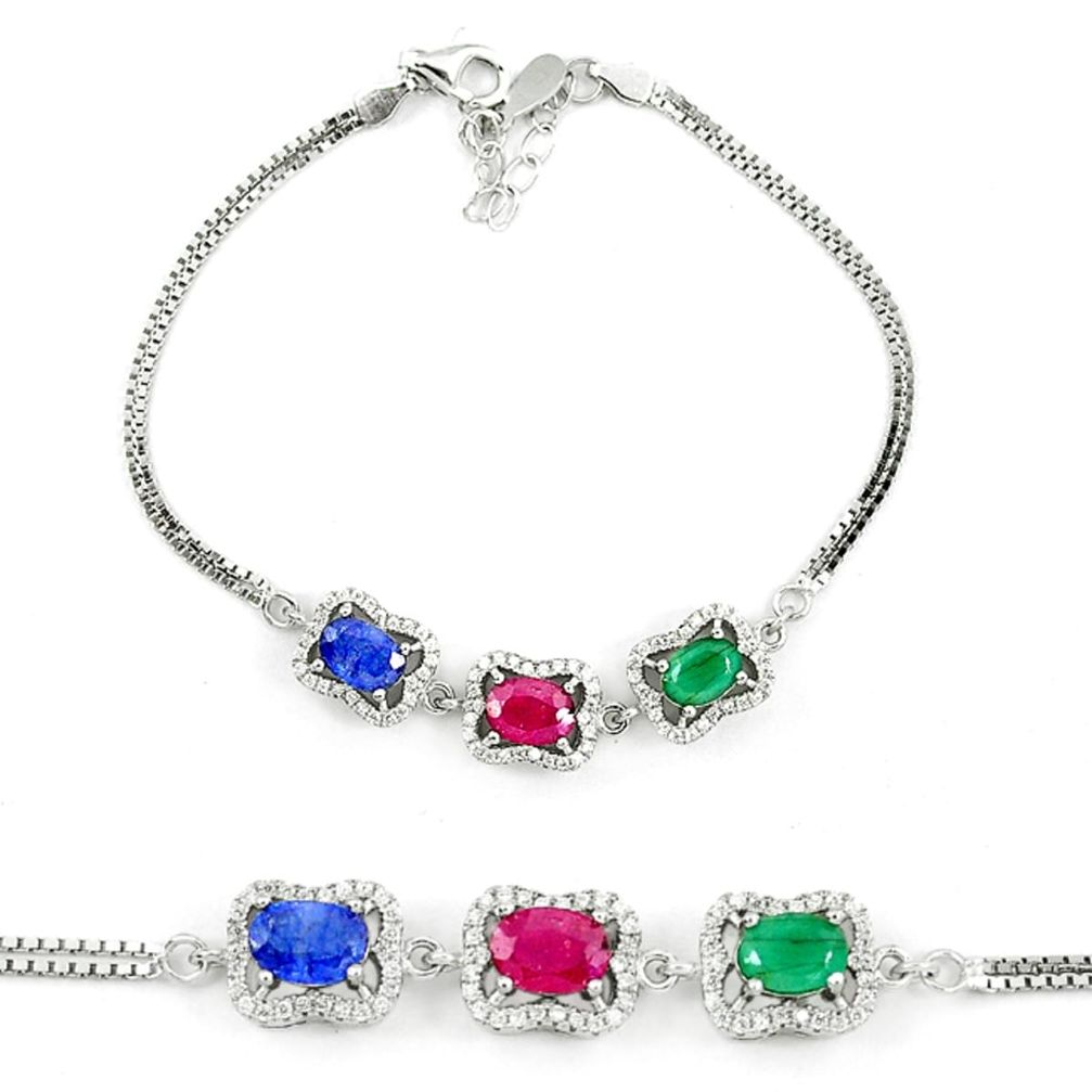 Clearance Sale-Natural blue sapphire emerald ruby 925 sterling silver tennis bracelet a51608