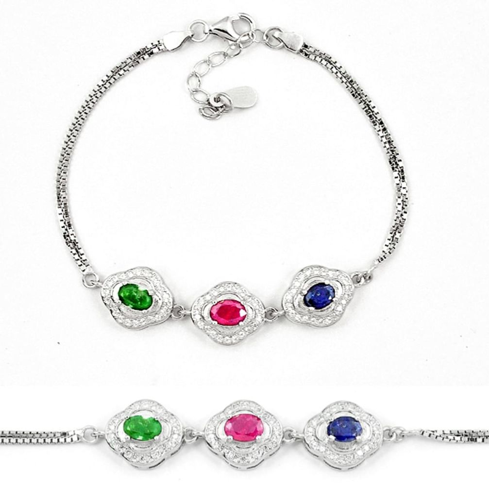 Clearance Sale-Natural blue sapphire emerald ruby 925 sterling silver tennis bracelet a51610