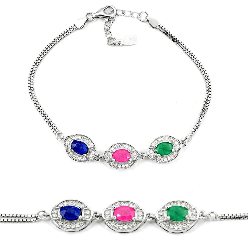 Clearance Sale-Natural blue sapphire emerald ruby 925 sterling silver tennis bracelet a51636