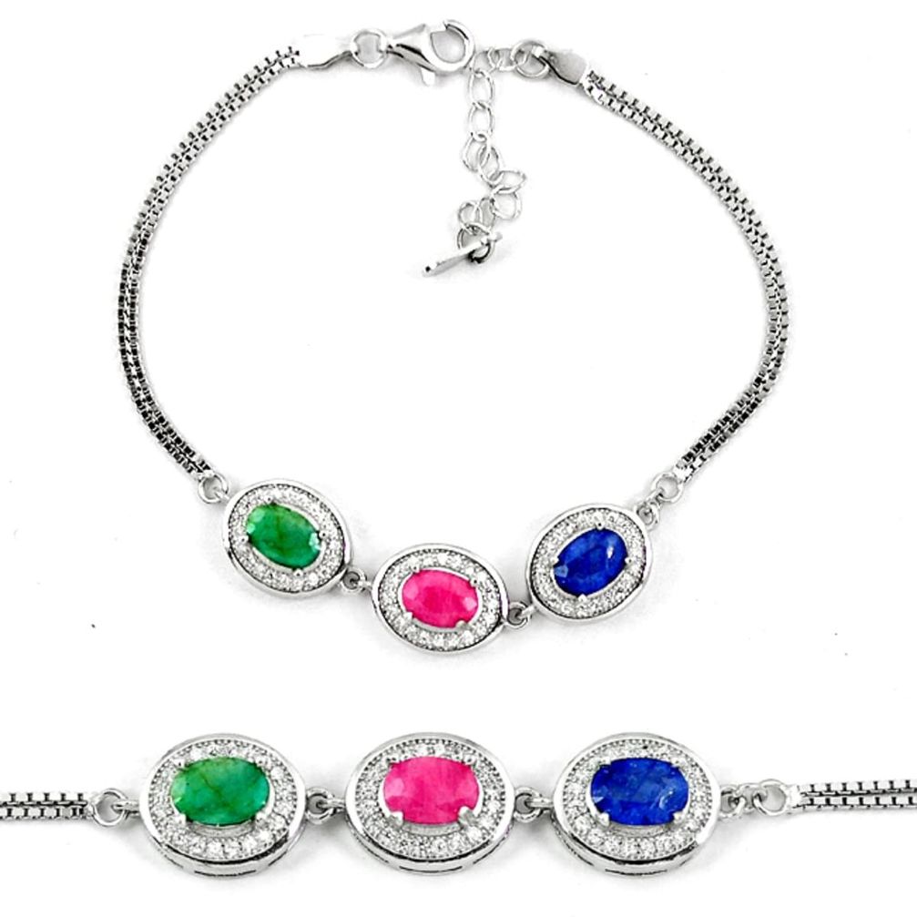 Clearance Sale-Natural blue sapphire emerald ruby 925 sterling silver tennis bracelet a51697