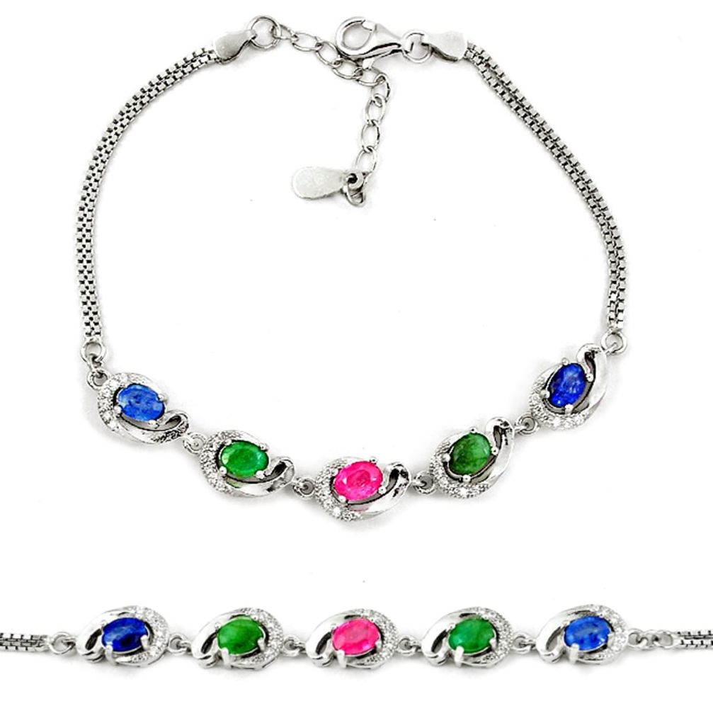 Clearance Sale-Natural blue sapphire emerald ruby 925 sterling silver tennis bracelet a51702