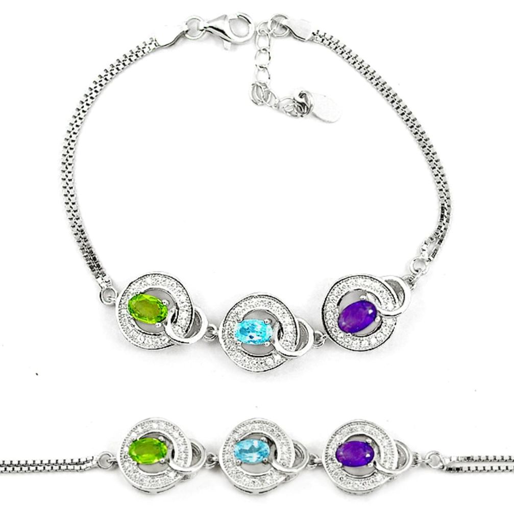 Natural green peridot amethyst topaz 925 sterling silver bracelet a51736