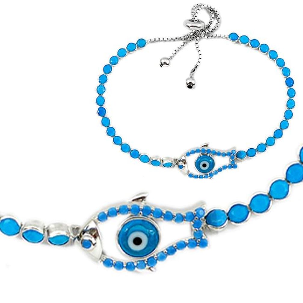 6.50cts adjustable fish blue evil eye talismans 925 silver bracelet