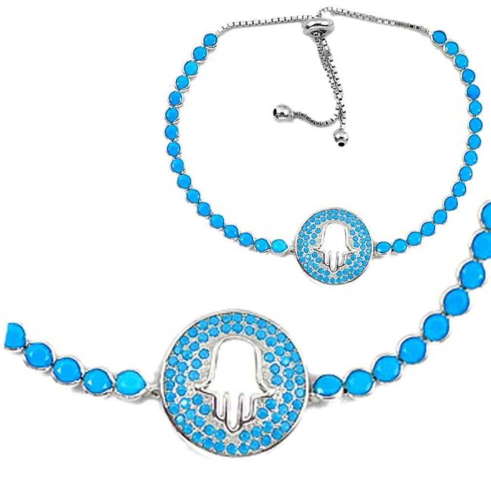 Adjustable hand of god hamsa blue sleeping beauty turquoise 925 silver bracelet