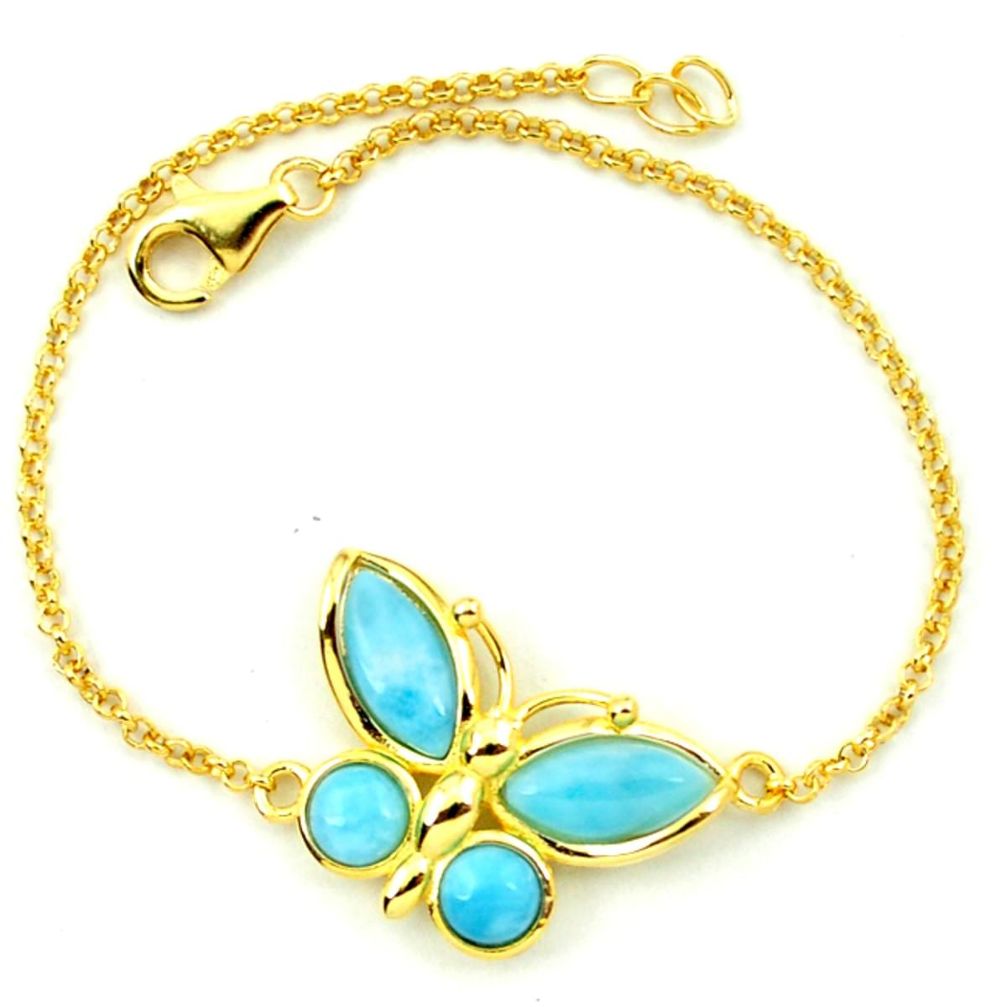 Natural blue larimar 925 sterling silver 14k gold butterfly bracelet a63394