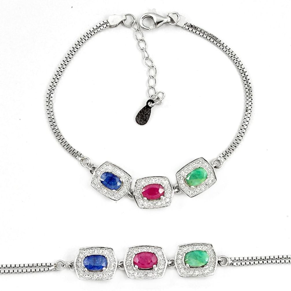 Natural blue sapphire ruby 925 sterling silver tennis bracelet jewelry a74453