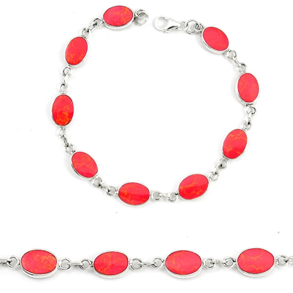 Red coral enamel 925 sterling silver tennis bracelet jewelry a74470