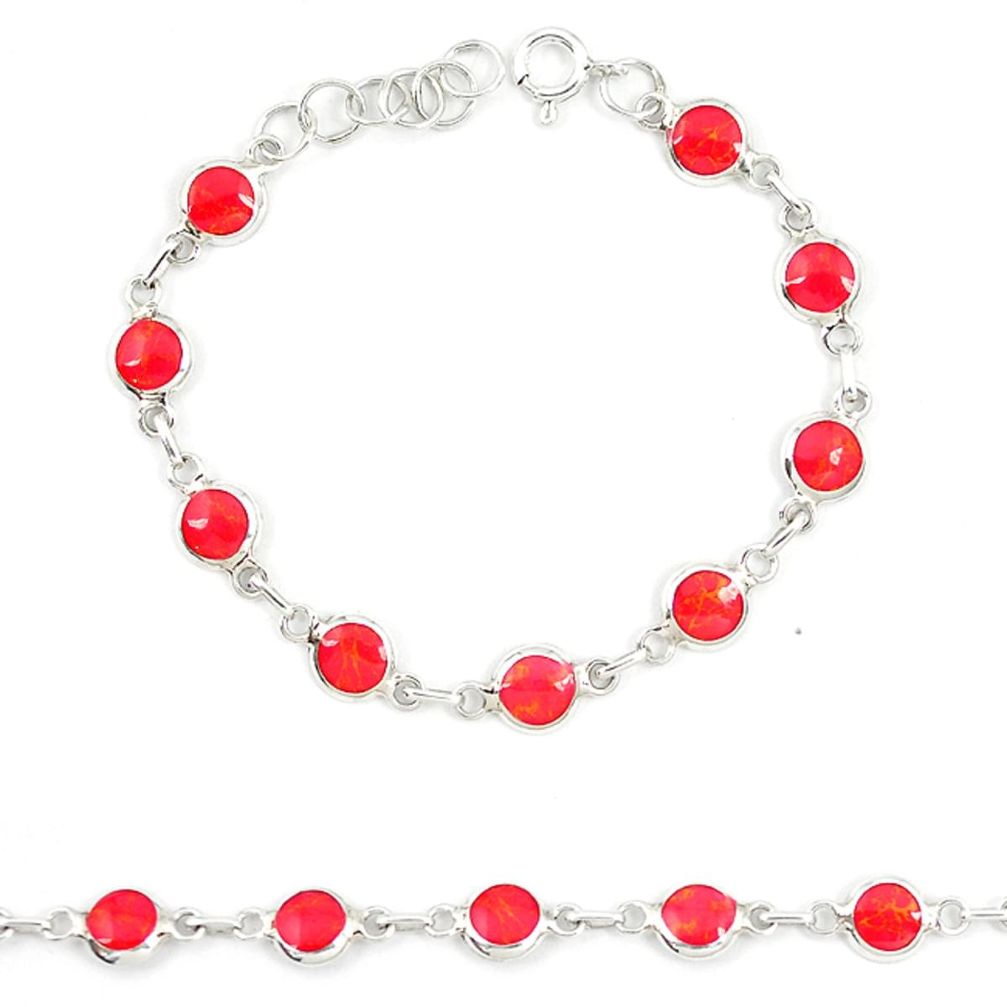 Red coral enamel 925 sterling silver tennis bracelet jewelry a74473