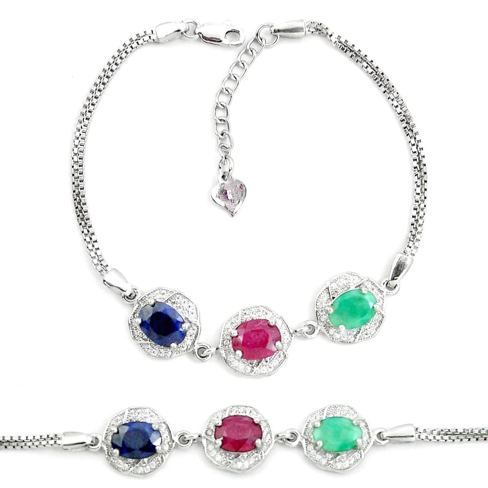 925 silver 9.39cts natural red ruby sapphire emerald tennis bracelet a87785