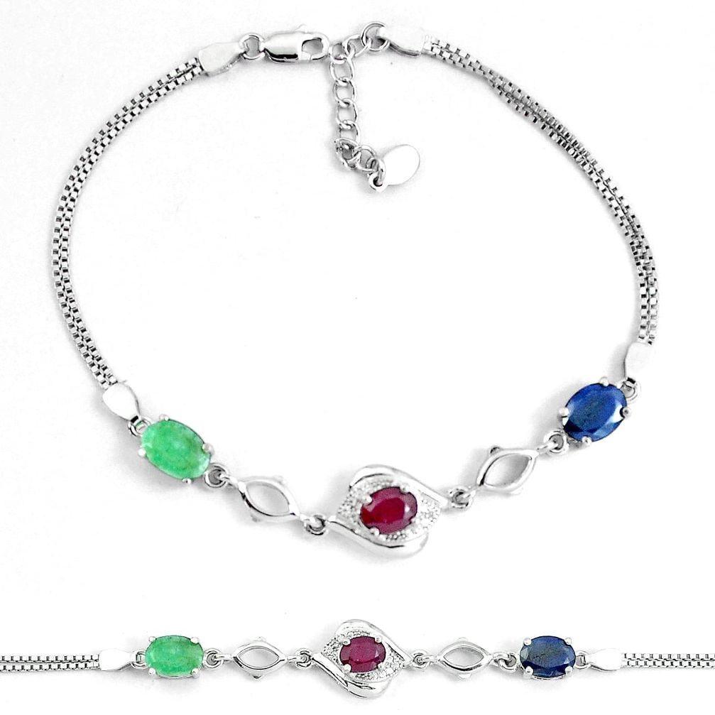 7.24cts natural red ruby sapphire emerald topaz silver tennis bracelet a92354