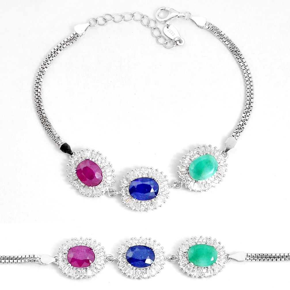 13.86cts natural blue sapphire emerald ruby 925 sterling silver bracelet a96563