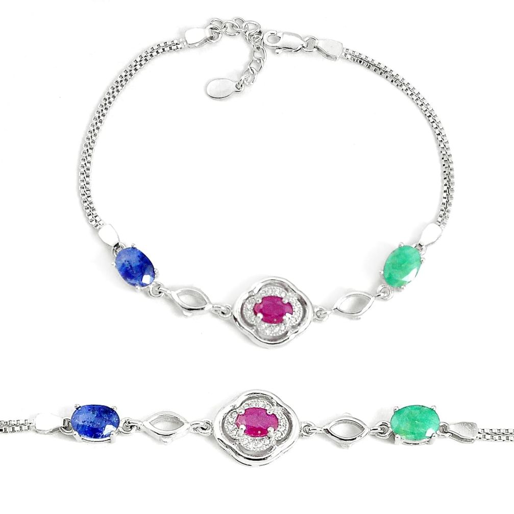 9.72cts natural blue sapphire ruby emerald 925 sterling silver bracelet a96583