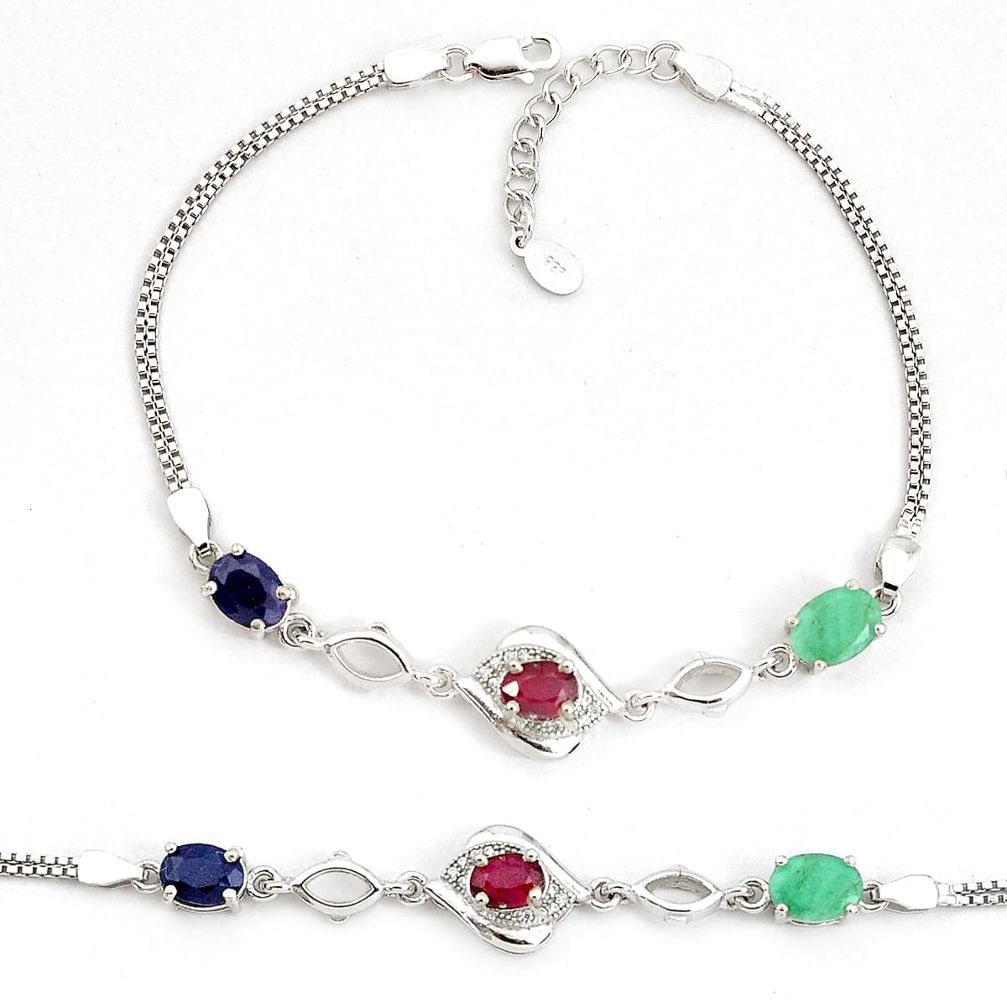 9.38cts natural blue sapphire ruby emerald 925 sterling silver bracelet a96888