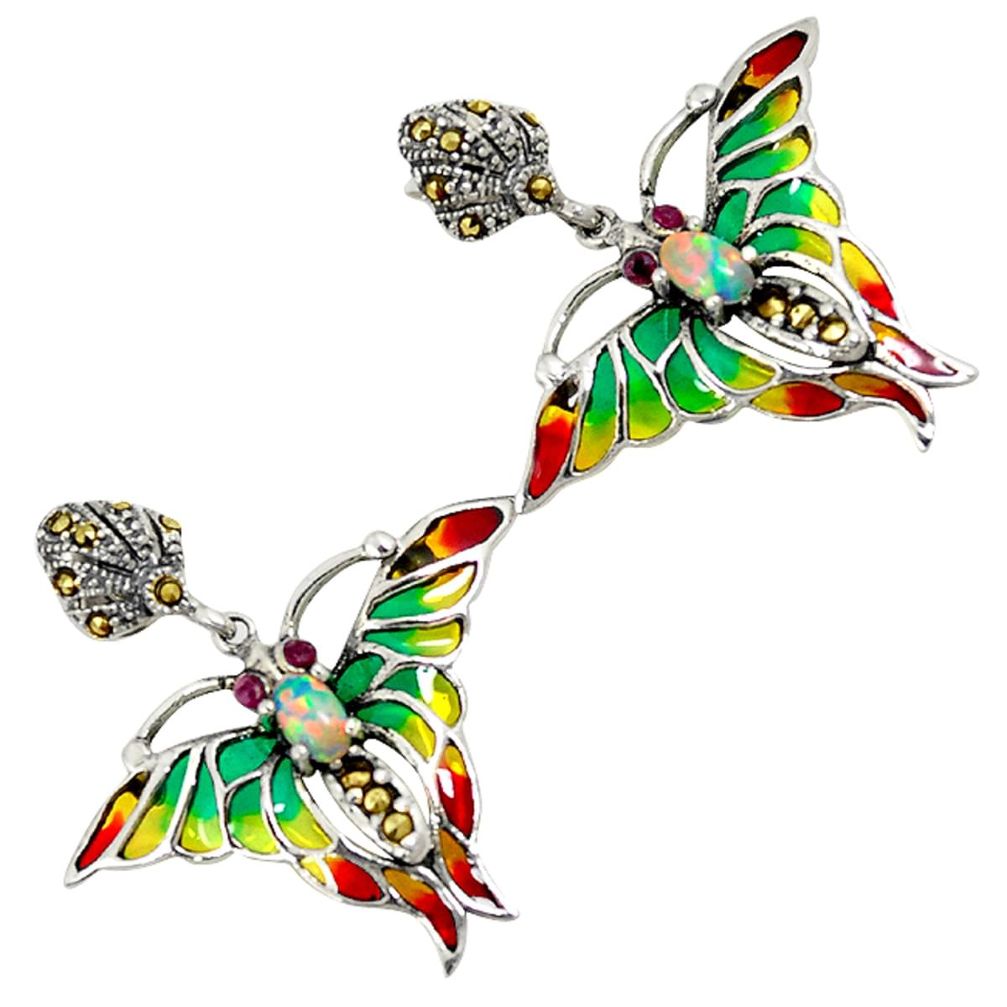 Pink australian opal (lab) enamel marcasite 925 silver butterfly earrings a16931