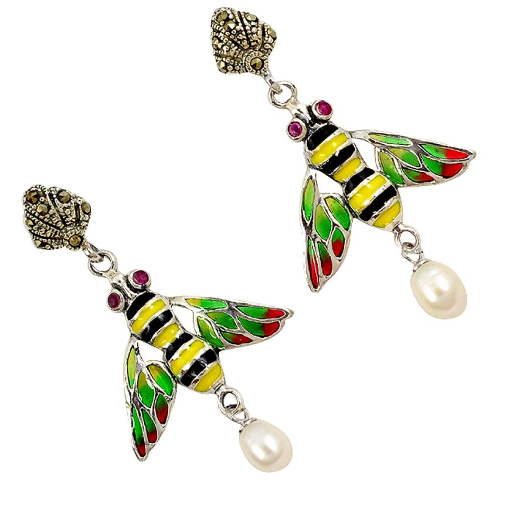 Natural white pearl ruby enamel marcasite 925 silver honey bee earrings a16941