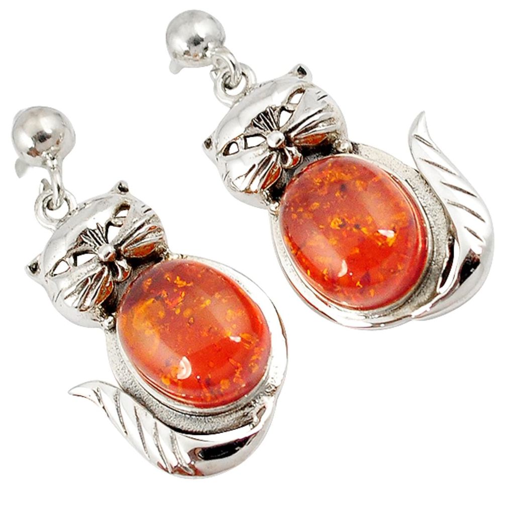 Authnetic orange amber oval 925 sterling silver cat earrings jewelry a18279