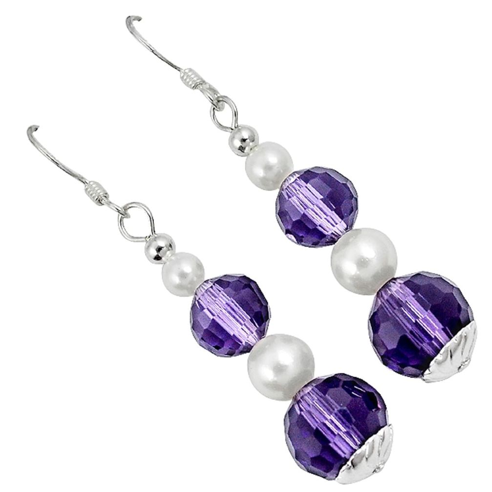Natural purple amethyst white pearl 925 silver dangle earrings jewelry a23472