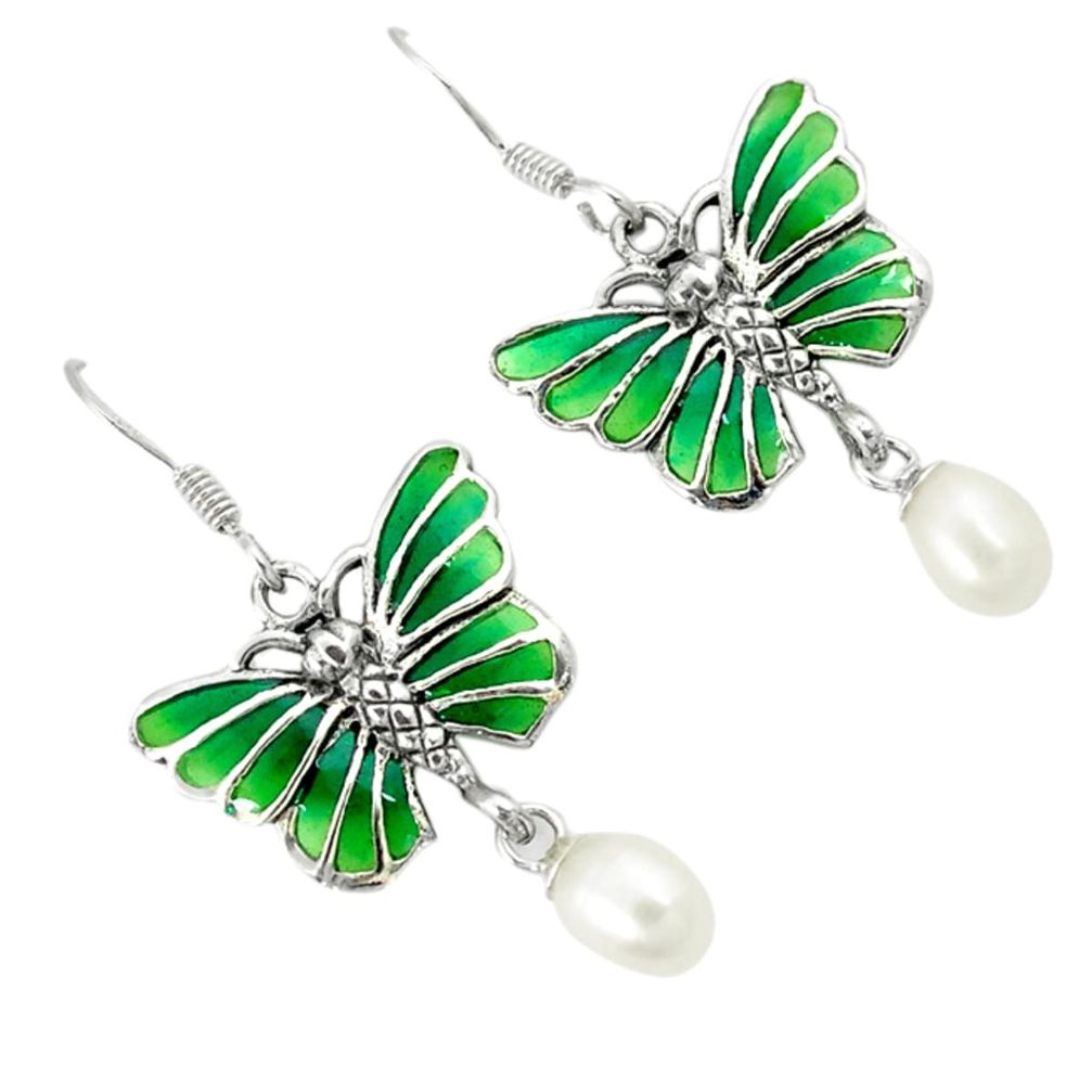 Natural white pearl enamel 925 sterling silver butterfly earrings jewelry a29173