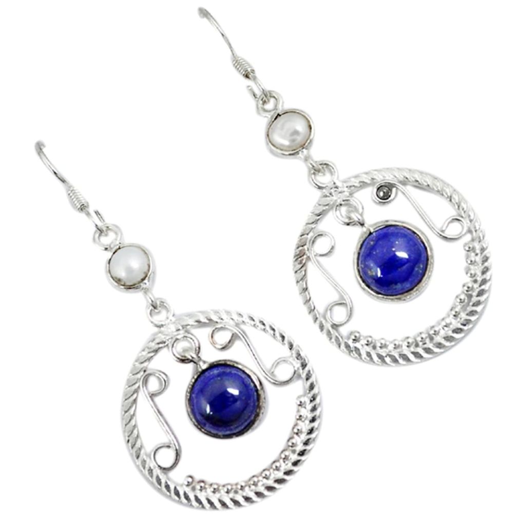 Natural blue lapis white pearl 925 sterling silver dangle earrings a30713
