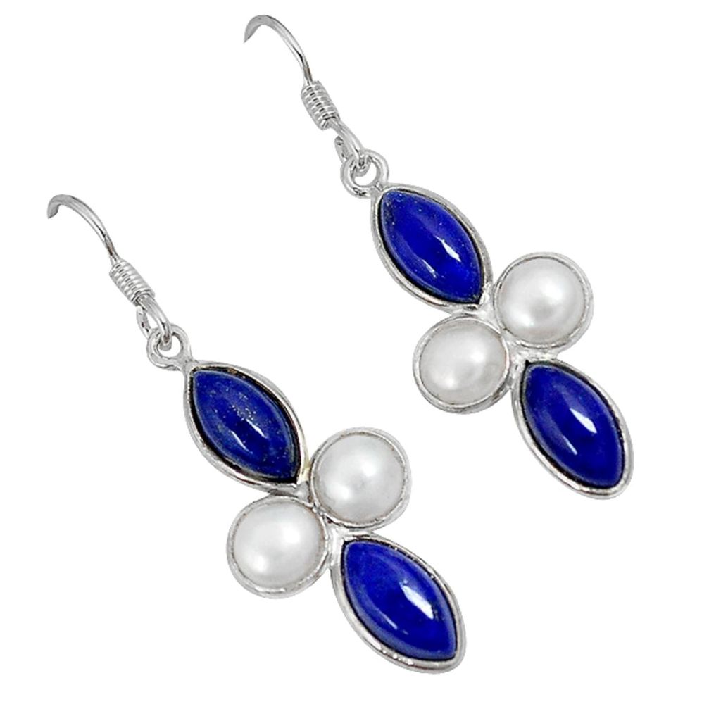 Natural blue lapis white pearl 925 sterling silver dangle earrings a30731