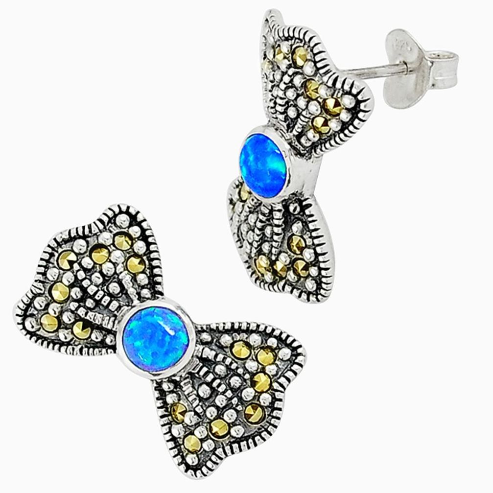 Blue australian opal (lab) marcasite 925 silver stud earrings jewelry a32137