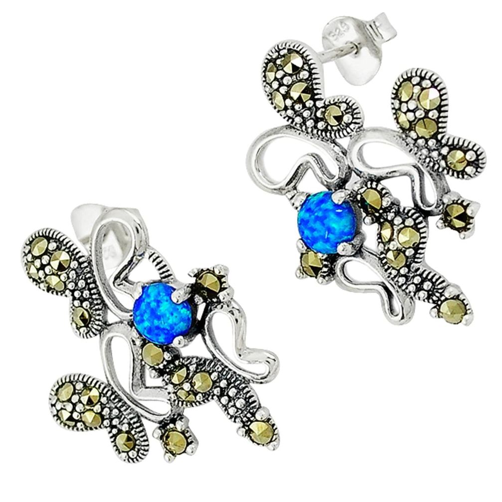 Blue australian opal (lab) swiss marcasite 925 silver stud earrings a32138