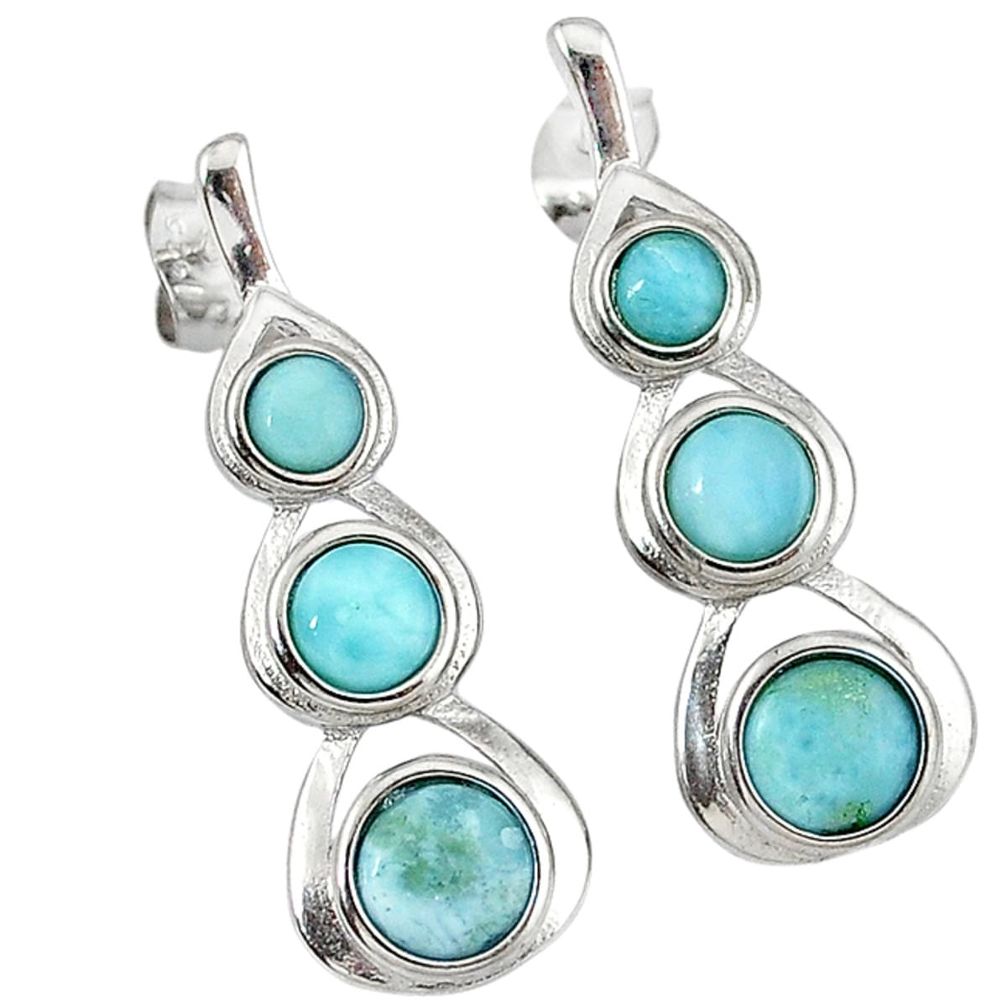 Natural blue larimar round 925 sterling silver dangle earrings jewelry a32976