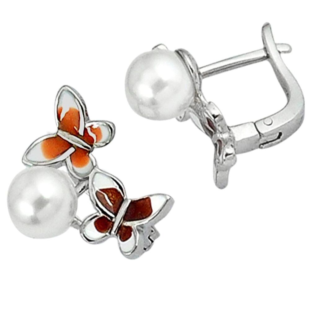 Natural white pearl enamel 925 sterling silver stud butterfly earrings a34761