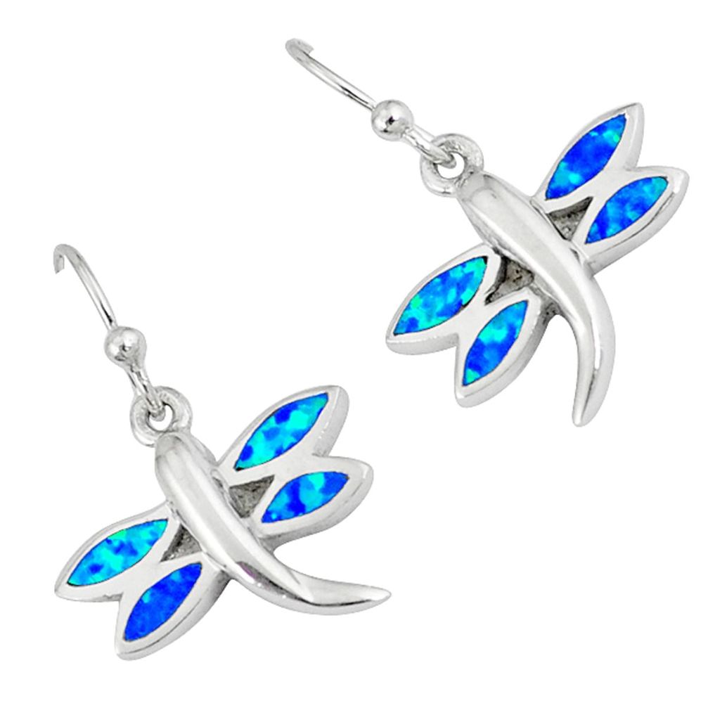 Blue australian opal (lab) 925 sterling silver dragonfly earrings a36718