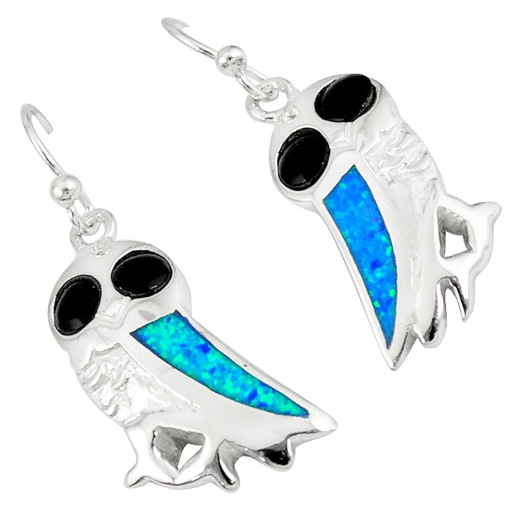 Blue australian opal (lab) black onyx 925 silver owl earrings jewelry a36762