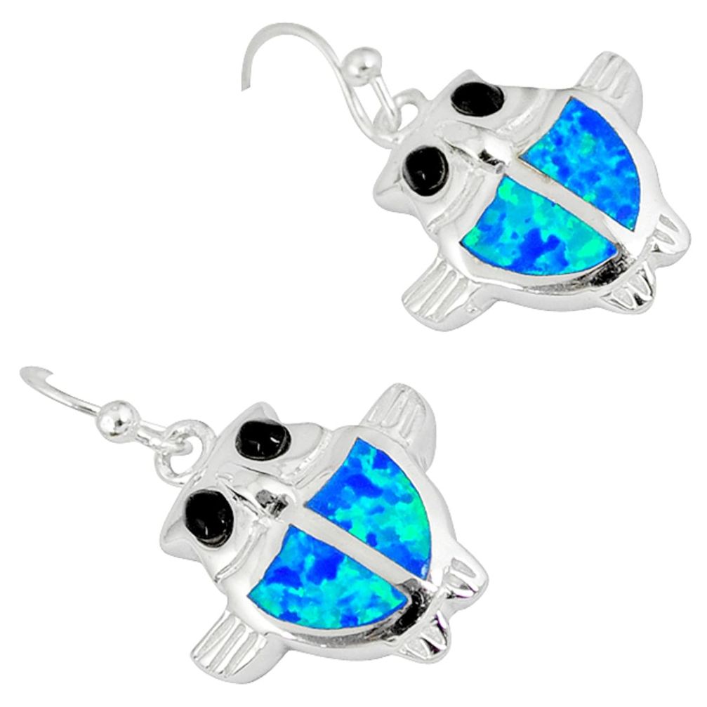 Blue australian opal (lab) black onyx 925 sterling silver owl earrings a36769